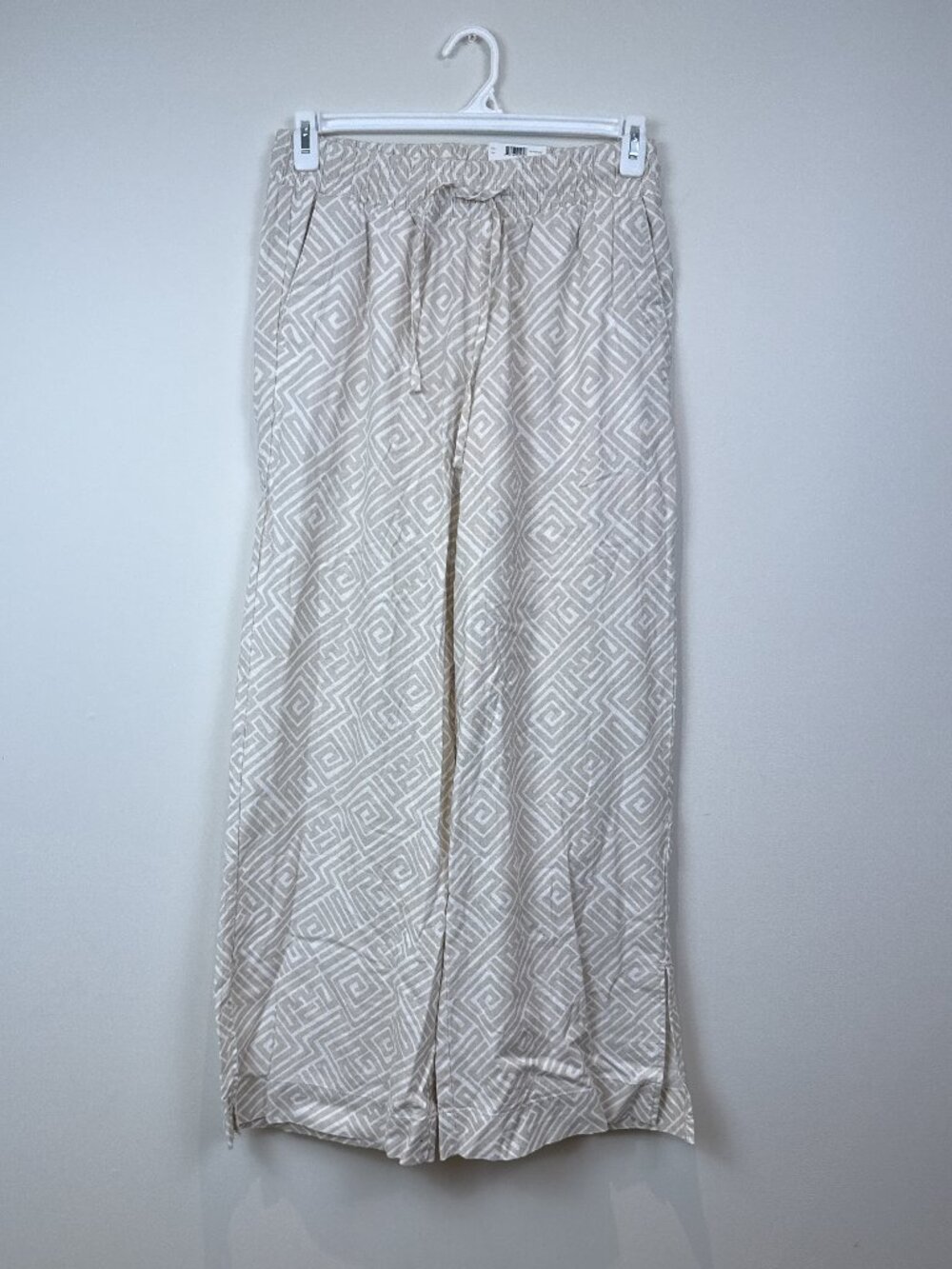 George Womens M Linen Cotton Blend Wide Leg Pants Beige Geometric Pull On NWT
